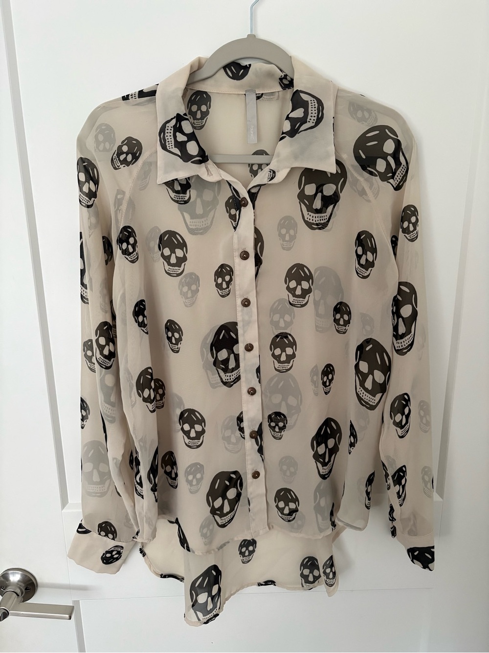 Sheer Beige Skull-Print Button Front Blouse